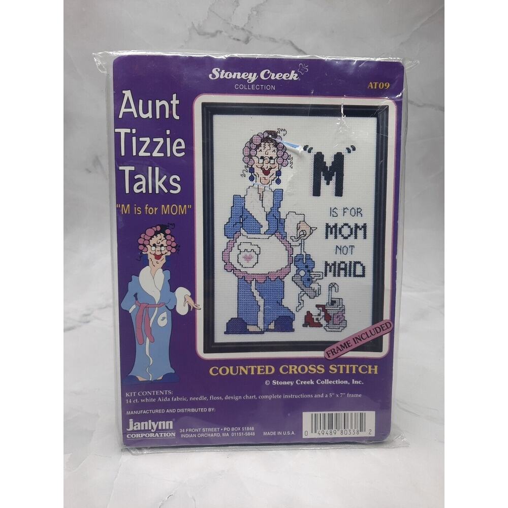 Janlynn Aunt Tizzie Talks Counted Cross Stitch Kit M Is For Mom with Frame 5x7
